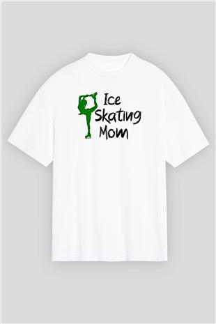 Buz Pateni Baskılı Unisex Beyaz Oversize Tişört - Tshirt