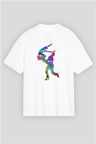 Buz Pateni Baskılı Unisex Beyaz Oversize Tişört - Tshirt