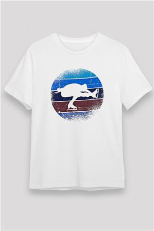 Buz Pateni Baskılı Unisex Beyaz Tişört - Tshirt