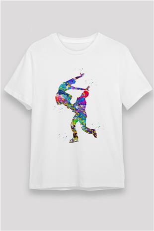 Buz Pateni Baskılı Unisex Beyaz Tişört - Tshirt