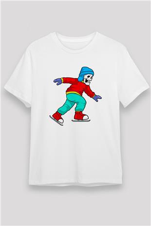 Buz Pateni Baskılı Unisex Beyaz Tişört - Tshirt