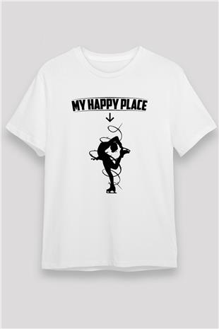 Buz Pateni Baskılı Unisex Beyaz Tişört - Tshirt