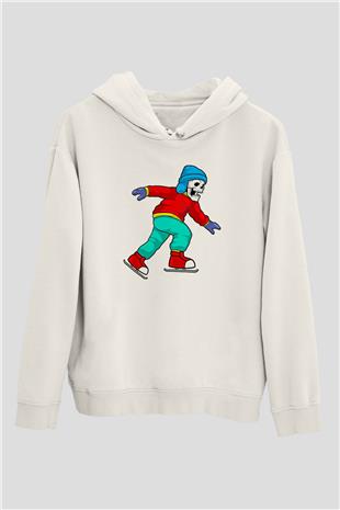 Buz Pateni Baskılı Unisex Ekru Hoodie