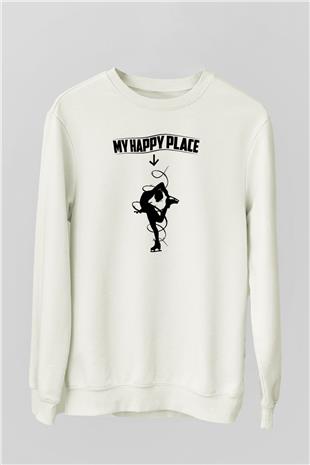 Buz Pateni Baskılı Unisex Ekru Sweatshirt