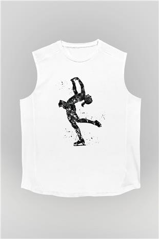Buz Pateni Baskılı Unisex Kolsuz Beyaz Tişört