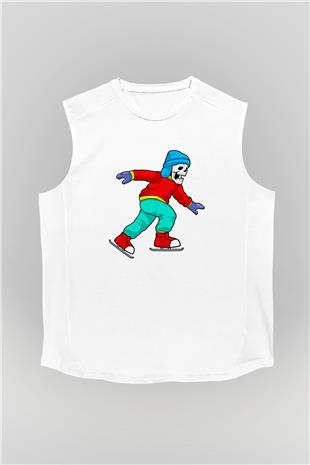 Buz Pateni Baskılı Unisex Kolsuz Beyaz Tişört