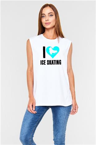 Buz Pateni Baskılı Unisex Kolsuz Beyaz Tişört