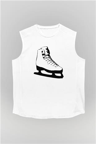Buz Pateni Baskılı Unisex Kolsuz Beyaz Tişört