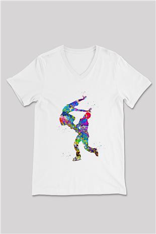 Buz Pateni Baskılı Unisex V Yaka Tişört - Tshirt