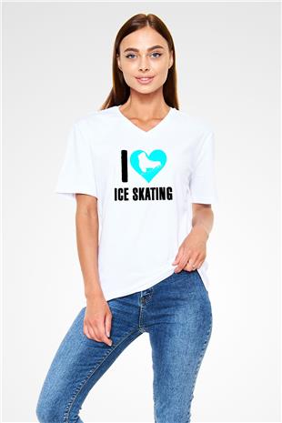 Buz Pateni Baskılı Unisex V Yaka Tişört - Tshirt