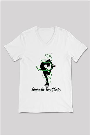 Buz Pateni Baskılı Unisex V Yaka Tişört - Tshirt