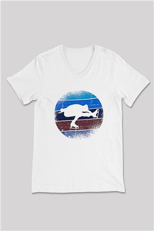 Buz Pateni Baskılı Unisex V Yaka Tişört - Tshirt