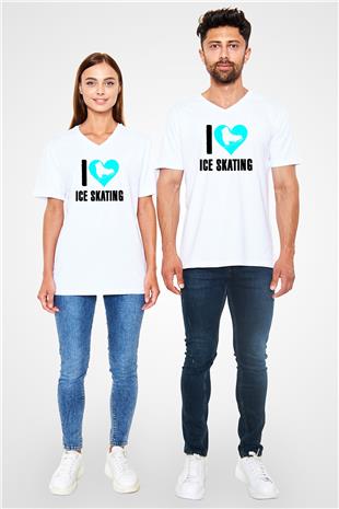 Buz Pateni Baskılı Unisex V Yaka Tişört - Tshirt