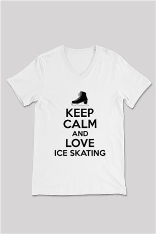 Buz Pateni Baskılı Unisex V Yaka Tişört - Tshirt