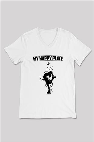 Buz Pateni Baskılı Unisex V Yaka Tişört - Tshirt