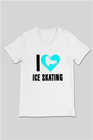 Buz Pateni Baskılı Unisex V Yaka Tişört - Tshirt