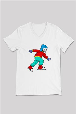 Buz Pateni Baskılı Unisex V Yaka Tişört - Tshirt