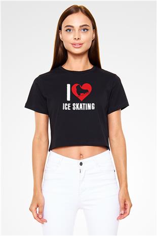 Buz Pateni - Ice skating Baskılı Crop Top Siyah Kadın Tişört - Tshirt