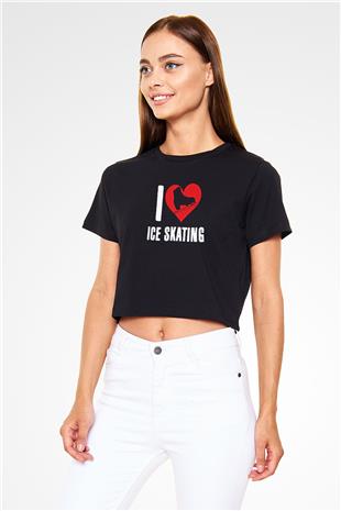Buz Pateni - Ice skating Baskılı Crop Top Siyah Kadın Tişört - Tshirt