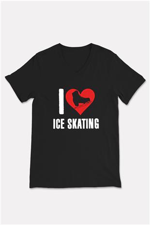 Buz Pateni - Ice skating Baskılı Unisex Siyah V Yaka Tişört