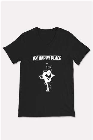 Buz Pateni - Ice skating Baskılı Unisex Siyah V Yaka Tişört