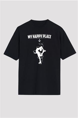 Buz Pateni - Ice skating Baskılı Unisex Siyah Oversize Tişört
