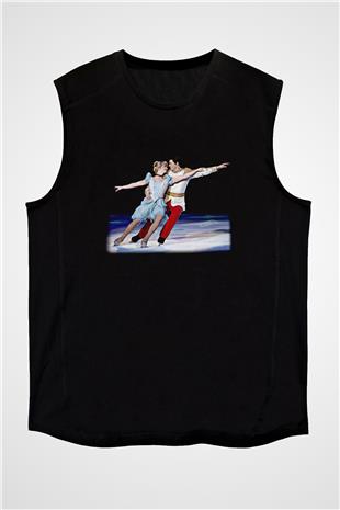 Buz Pateni - Ice skating Baskılı Unisex Siyah Kolsuz Tişört