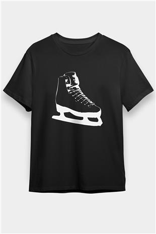 Buz Pateni - Ice skating Baskılı Unisex Siyah Tişört - Tshirt