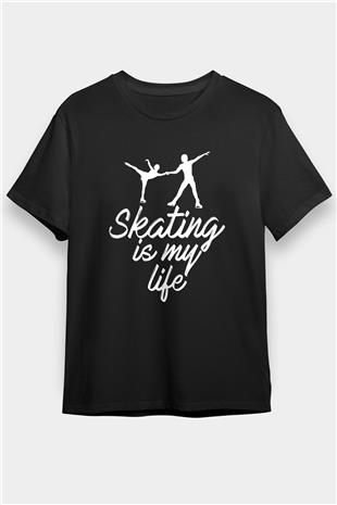 Buz Pateni - Ice skating Baskılı Unisex Siyah Tişört - Tshirt