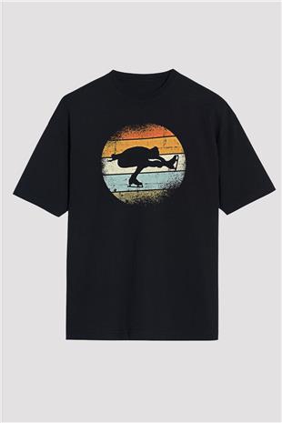 Buz Pateni - Ice skating Baskılı Unisex Siyah Oversize Tişört