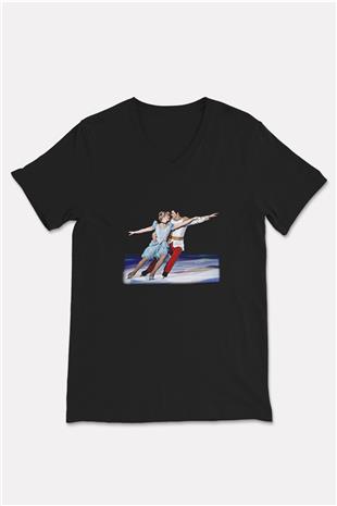 Buz Pateni - Ice skating Baskılı Unisex Siyah V Yaka Tişört