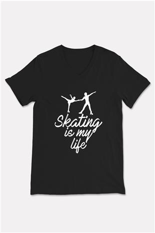 Buz Pateni - Ice skating Baskılı Unisex Siyah V Yaka Tişört