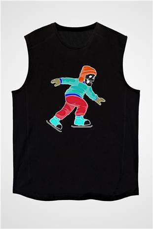 Buz Pateni - Ice skating Baskılı Unisex Siyah Kolsuz Tişört