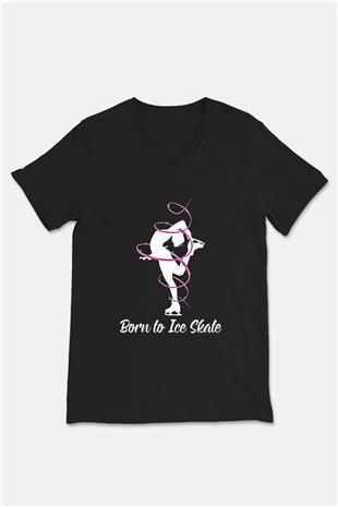Buz Pateni - Ice skating Baskılı Unisex Siyah V Yaka Tişört