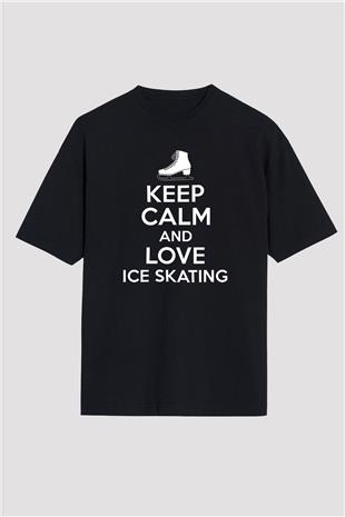 Buz Pateni - Ice skating Baskılı Unisex Siyah Oversize Tişört