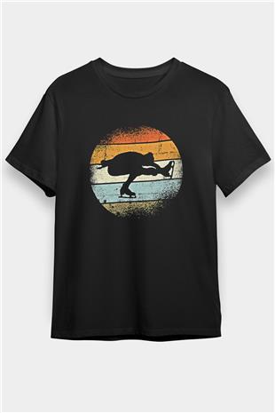 Buz Pateni - Ice skating Baskılı Unisex Siyah Tişört - Tshirt