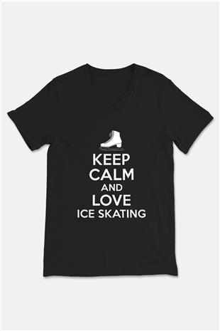 Buz Pateni - Ice skating Baskılı Unisex Siyah V Yaka Tişört