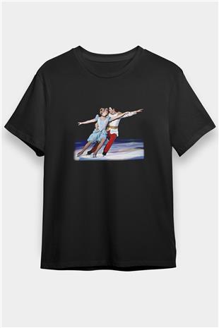 Buz Pateni - Ice skating Baskılı Unisex Siyah Tişört - Tshirt