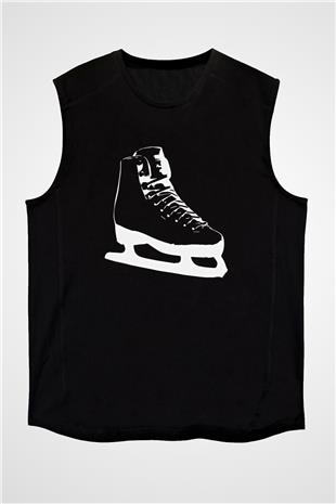 Buz Pateni - Ice skating Baskılı Unisex Siyah Kolsuz Tişört