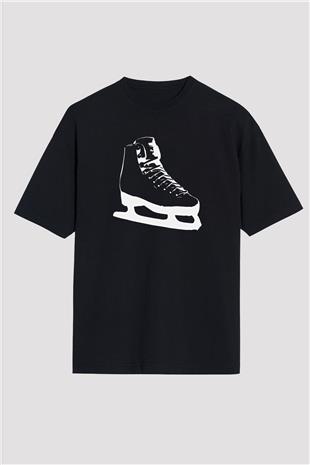 Buz Pateni - Ice skating Baskılı Unisex Siyah Oversize Tişört