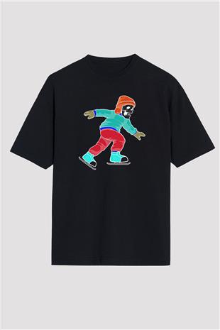 Buz Pateni - Ice skating Baskılı Unisex Siyah Oversize Tişört
