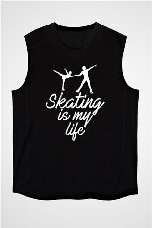 Buz Pateni - Ice skating Baskılı Unisex Siyah Kolsuz Tişört