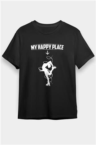 Buz Pateni - Ice skating Baskılı Unisex Siyah Tişört - Tshirt