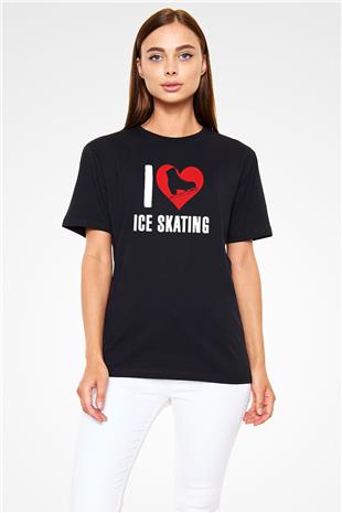 Buz Pateni - Ice skating Baskılı Unisex Siyah Tişört - Tshirt