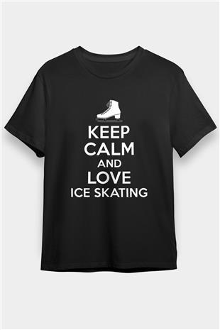 Buz Pateni - Ice skating Baskılı Unisex Siyah Tişört - Tshirt
