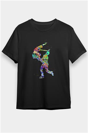 Buz Pateni - Ice skating Baskılı Unisex Siyah Tişört - Tshirt