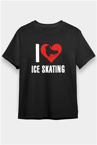 Buz Pateni - Ice skating Baskılı Unisex Siyah Tişört - Tshirt