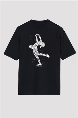 Buz Pateni - Ice skating Baskılı Unisex Siyah Oversize Tişört