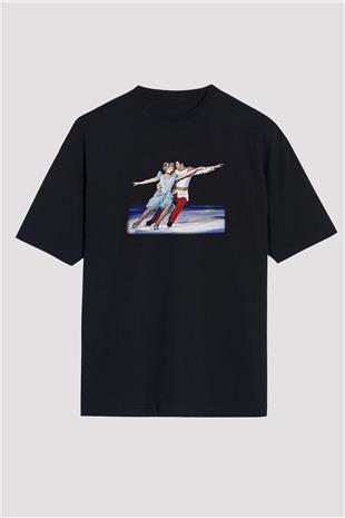 Buz Pateni - Ice skating Baskılı Unisex Siyah Oversize Tişört