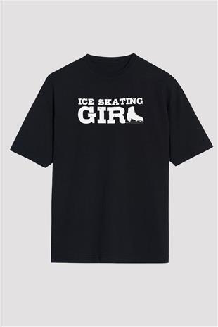 Buz Pateni - Ice skating Baskılı Unisex Siyah Oversize Tişört